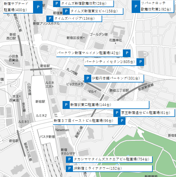 新宿駅周辺の駐車場マップ（新宿東口）